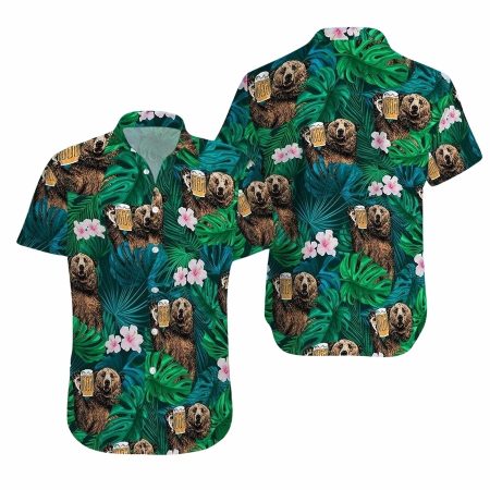 Bear drinking green tropical beer hawaiian shirt