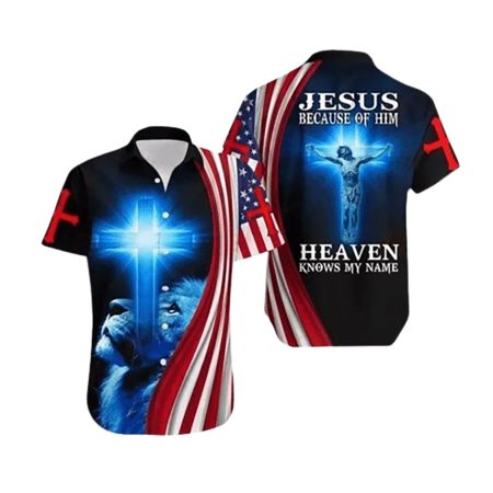 Because Of Him Heaven Know My Name Jesus With Lion -and Christian Cross Hawaiian Shirt