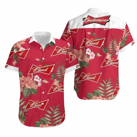 Beer budweiser logo tropical hibiscus flower red hawaiian shirt