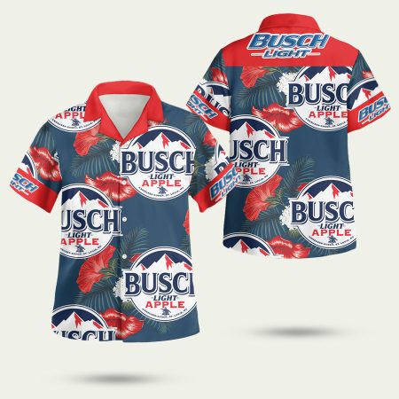 Beer Busch Light Apple Logo Hibiscus Flower Blue Red Hawaiian Shirt