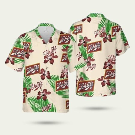 Beige schlitz beer hibiscus flower palm leaves pattern hawaiian shirt