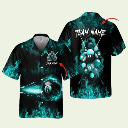 Personalized Billiards 8 Ball Green Fire Smoke Pattern Hawaiian Shirt