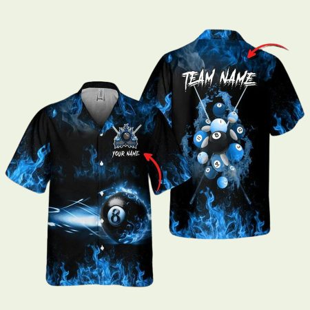 Personalized Billiards 8 Ball Blue Fire Smoke Pattern Hawaiian Shirt
