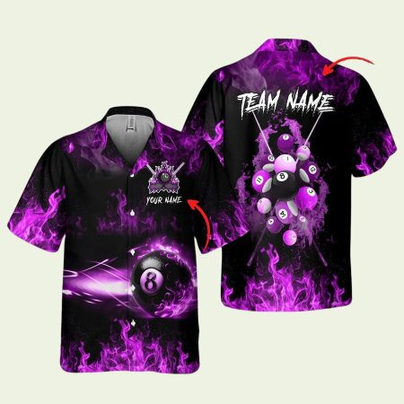 Personalized Billiards 8 Ball Purple Fire Smoke Pattern Hawaiian Shirt