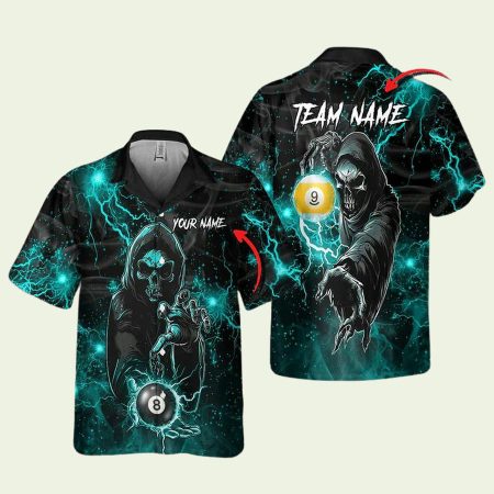 Personalized Billiards Thunder Skull Green Hawaiian Shirt