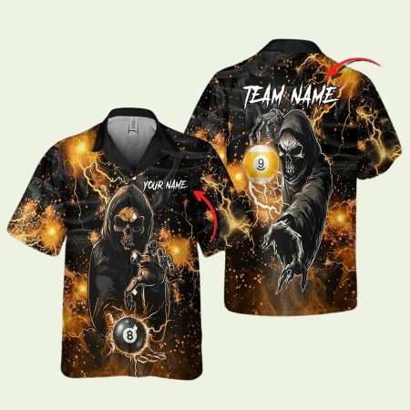 Personalized Billiards Thunder Skull Orange Hawaiian Shirt
