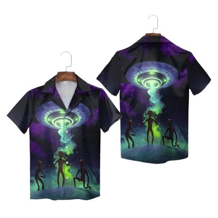Black Alien Abduction Neon Glow Scene Hawaiian Shirt