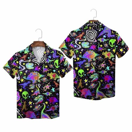 Black Neon Dinosaur Alien Galaxy Adventure Hawaiian Shirt
