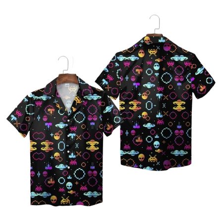 Black Pixelated Alien Retro Arcade Style Hawaiian Shirt