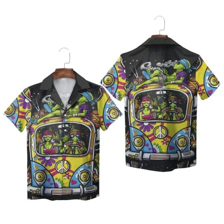 Black Retro Alien Hippie Van Adventure Hawaiian Shirt