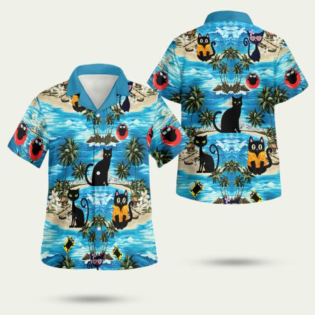 Black cat beach print polyester Hawaiian Shirt