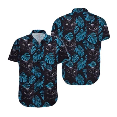 Black Cat In Blue Leaves Tropic Hawaiian Shirt