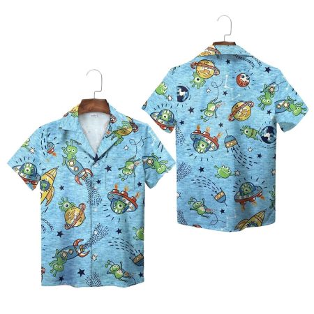 Blue Cartoon Alien Rocket Adventure Funny Hawaiian Shirt