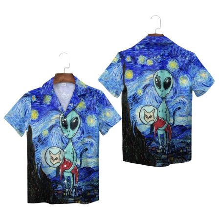 Blue Starry Alien Cat Companion Hawaiian Shirt