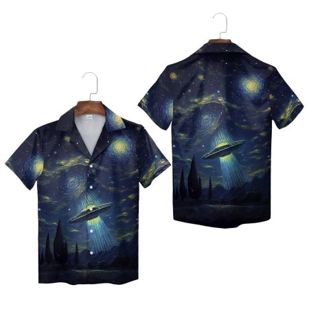 Blue Starry Night UFO Encounter Art Hawaiian Shirt
