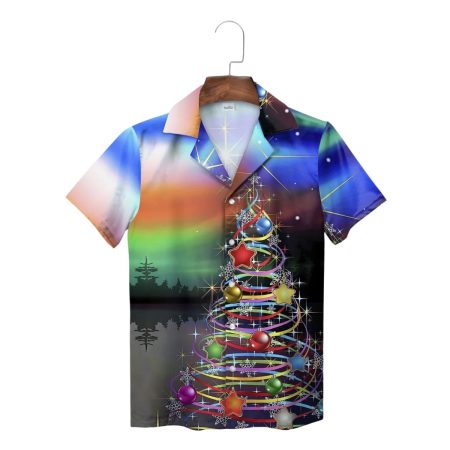 Blue Vibrant Christmas Tree Ornaments Northern Lights Hawaiian Shirt