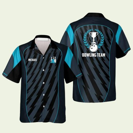 Personalized Blue Sports Style Trophy Emblem Bowling Hawaiian Shirt