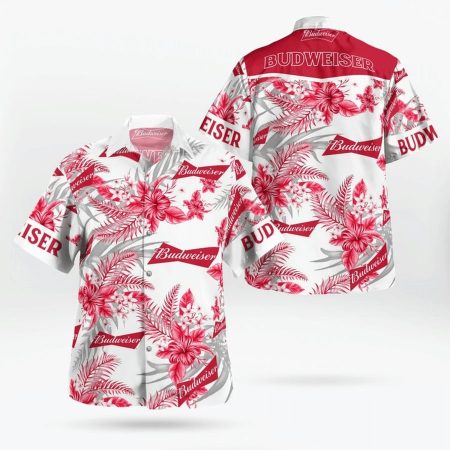 Tropical Flowers Budweiser Logo White And Red Pattern Hawaiian Shirt