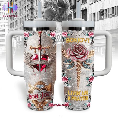 Bon Jovi Livin’s On A Prayer Quencher 30oz or 40oz Stainless Steel Tumbler With Handle NVA