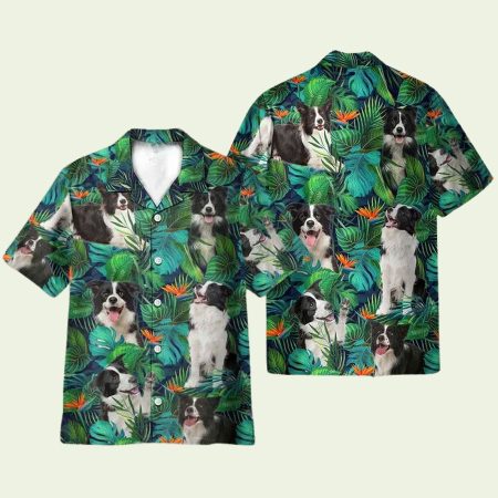 Border Collie In Tropical Green Leaves Hawaiian Shirt