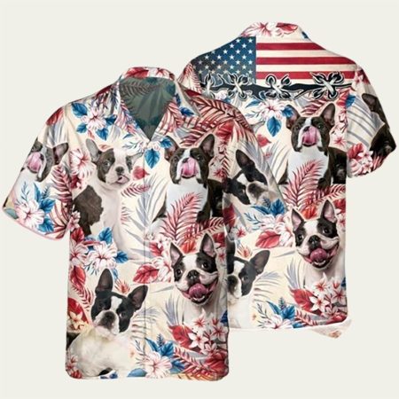 Boston Terrier US Flag Tropical Hawaiian Shirt