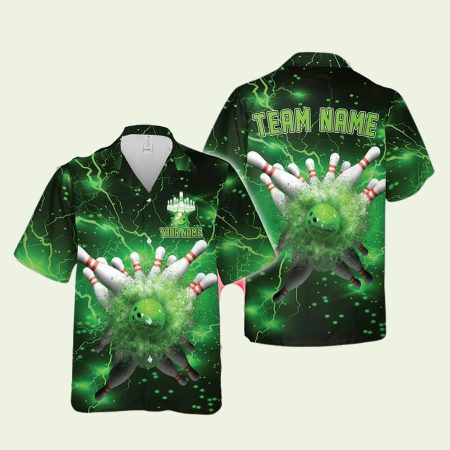 Personalized Bowling And Pins Thunder Lightning Green Hawaiian Shirt