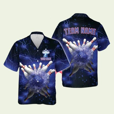 Personalized Bowling And Pins Thunder Lightning Blue Hawaiian Shirt