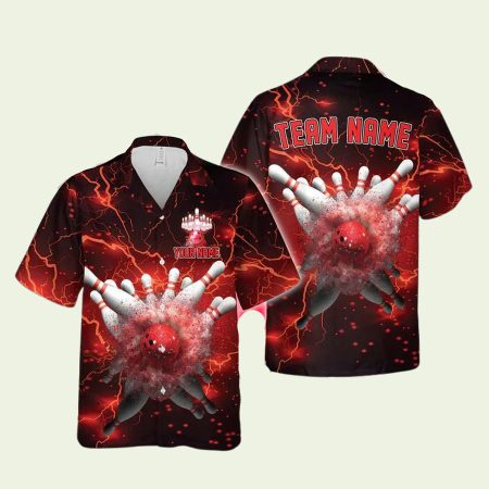 Personalized Bowling And Pins Thunder Lightning Red Hawaiian Shirt
