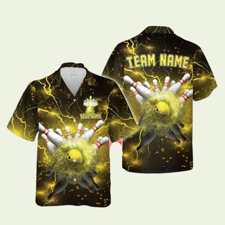 Personalized Bowling And Pins Thunder Lightning Yellow Hawaiian Shirt