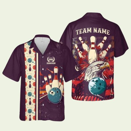 Personalized Bowling And Pins Retro Eagle Purple Pattern Hawaiian Shirt