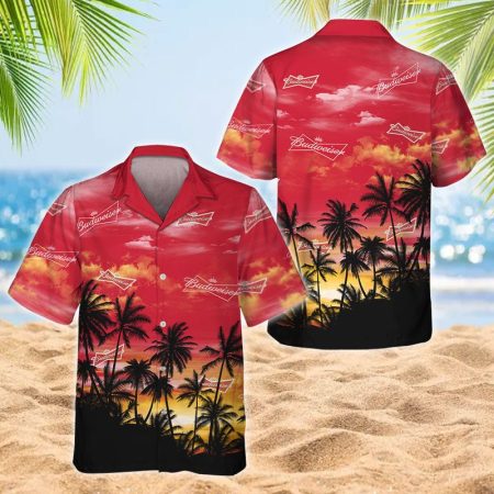 Budweiser Red Tropical Sunset Hawaiian Shirt, Tropical Palm Tree Twilight Sunset Aloha Shirts, Red Budweiser Sunset Palm Tree Hawaiian Shirts
