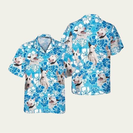 Bull Terrier Dog On Blue Background  Hawaiian Shirt