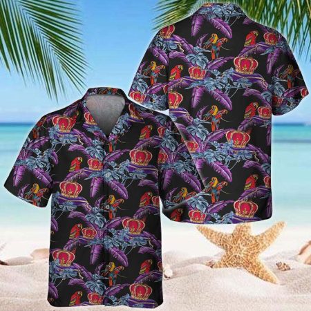 Crown Royal Tropical Leaf Parrot Hawaiian Shirt, Tropical Purple Crown Royal Button Down Hawaiian Shirt, Tropical Crown Royal Summer Aloha Shirt