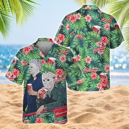 Michael Myers & Jason Voorhees With Budweiser Hawaiian Shirt, Budweiser Beer Tropical Floral Aloha Shirts, Budweiser Button Down Summer Shirt