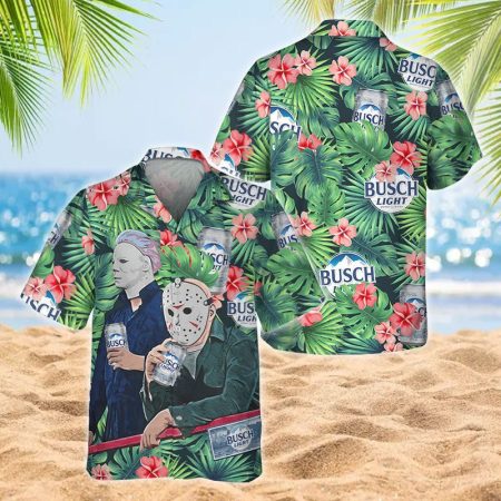 Michael Myers & Jason Voorhees Busch Light Beer Hawaiian Shirt, Busch Light Beer Tropical Floral Aloha Shirts, Busch Light Beer Hawaiian Shirts