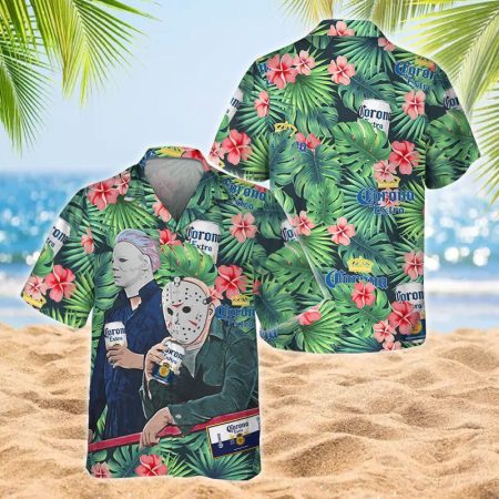Michael Myers & Jason Voorhees With Corona Beer Hawaiian Shirt, Corona Extra Beer Tropical Floral Aloha Shirt, Corona Extra Aloha Hawaiian Shirts