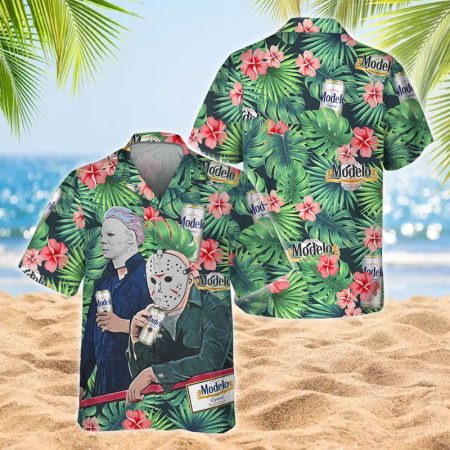Michael Myers & Jason Voorhees Modelo Beer Hawaiian Shirt, Modelo Beer Tropical Floral Aloha Shirt, Modelo Beer Tropical Pattern Hawaiian Shirts