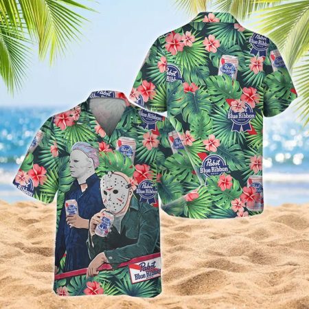 Michael Myers & Jason Voorhees Pabst Blue Ribbon Beer Hawaiian Shirt, Pbr Beer Tropical Floral Aloha Shirt, Pabst Blue Ribbon Beer Hawaiian Shirt