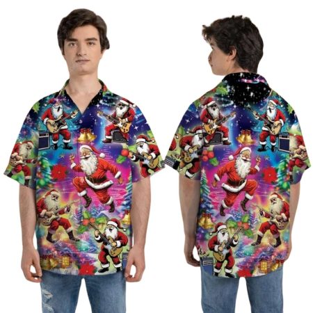 Christmas Music Santa Plays Guitar Bass Hawaiian Shirt