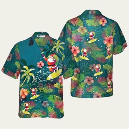 Christmas Santa Surfing Tropical Hawaiian Shirt