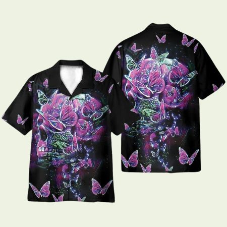 Color Splash Skull And Butterfyies Purple Hawaiian Shirt