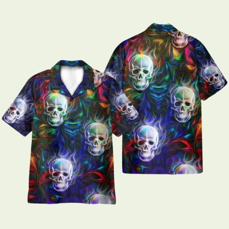 Fractal Skull Neon Strip Pattern Hawaiian Shirt