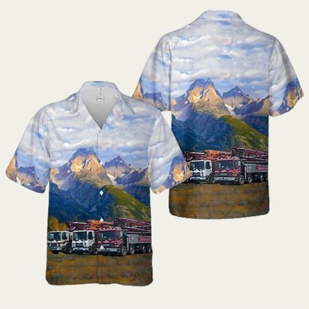 Concrete Pump Truck Mountain Pattern Hawaiian Shirt
