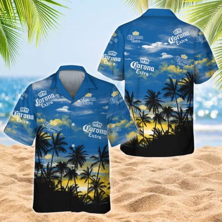 Corona Extra Blue Tropical Sunset Hawaiian Shirt, Tropical Palm Tree Twilight Sunset Aloha Shirts, Corona Extra Sunset Palm Tree Hawaiian Shirts