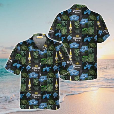 Corona Extra Tropical Monstera Hibiscus Hawaiian Shirt, Tropical Flowers Corona Extra Button Down Shirt, Tropical Corona Extra Summer Aloha Shirt