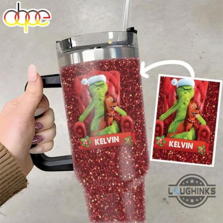 Custom Name Merry Christmas Grinch Mean One Santa Grinch Faux Red Glitter Xmas Travel Mugs Merry Grinchmas Printed 30oz or 40oz Quencher Tumbler LN