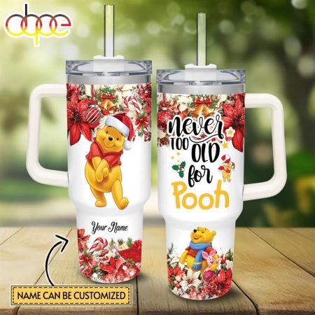 Custom Name Winnie the Pooh Poinsettia Red Flower Christmas Printed 30oz or 40oz Quencher Tumbler LN