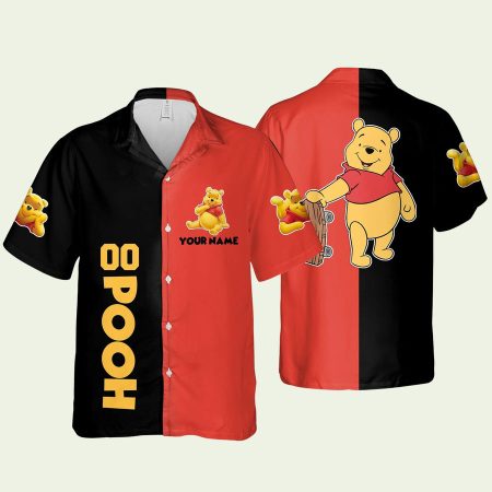 Personalized Pooh Skateboarding Black And Red Pattern Hawaiian Shirt