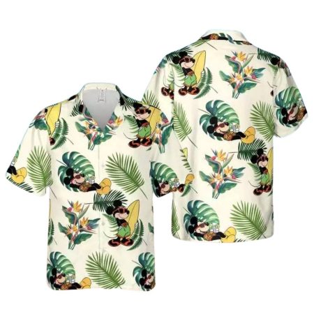 Cute Mickey Mouse Surfing Summer Beach Tropical Leaves Hawaiian Shirt