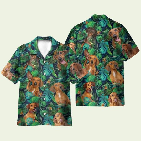 Dachshund Tropical Green Leaves Pattern Hawaiian Shirt